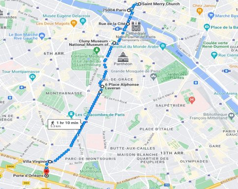 Plan chemin Compostelle Paris de Tour Saint-Jacques à Porte d'Orléans