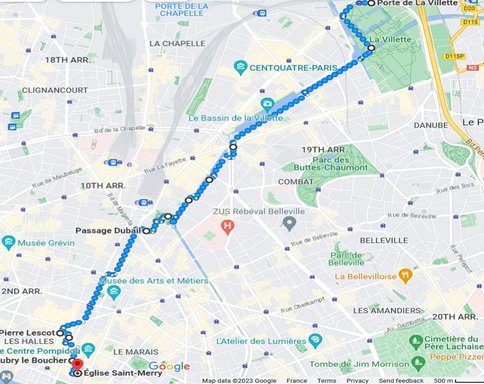Map Paris Camino between Parc de la Villette and Church Saint-Merri 