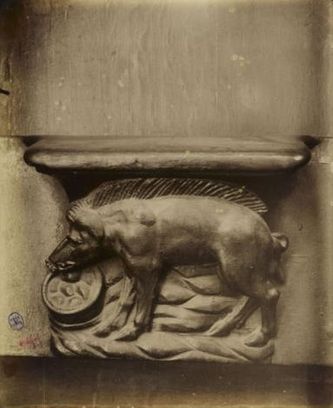 Misericord of the Church Saint-Gervais Saint-Protais A pig eats from bowl 
Atget
(Musée Carnavalet)
