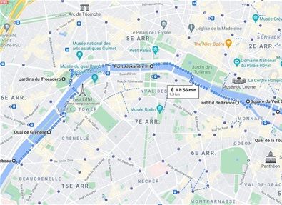 Map detailed intinerary stroll along Seine River