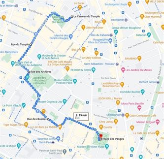 Stroll in Paris Marais district Place des Vosges detailed map itinerary
