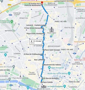 Plan promenade méridien Paris - du Palais Royal à Montmartre